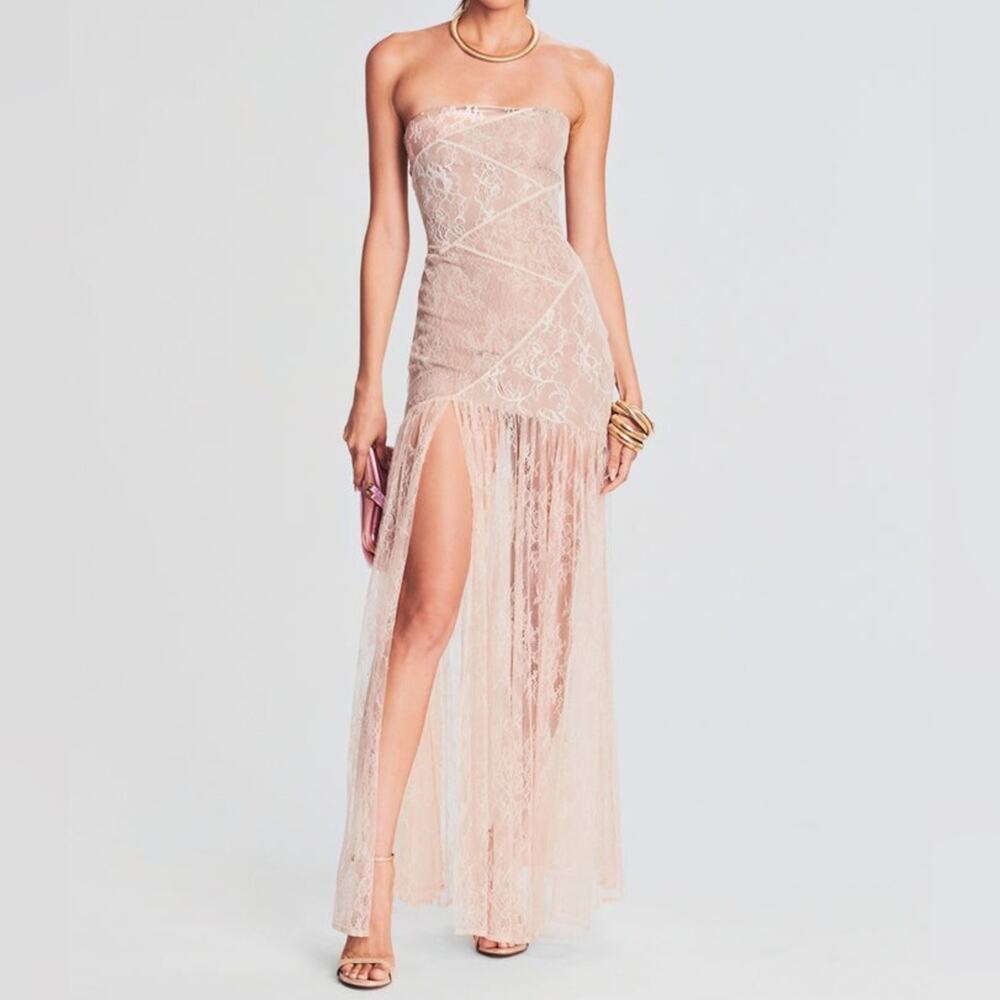 Retrofete Nicole Patchwork Lace Strapless Maxi Dress Dusty Peach